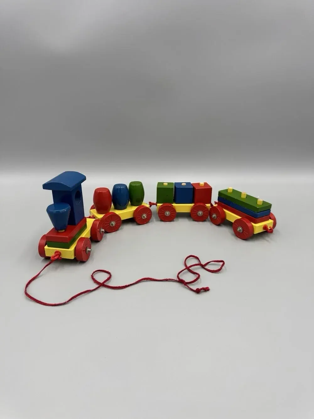 Childrens Wooden Pull Toy Train 4 Cars Primary Colors